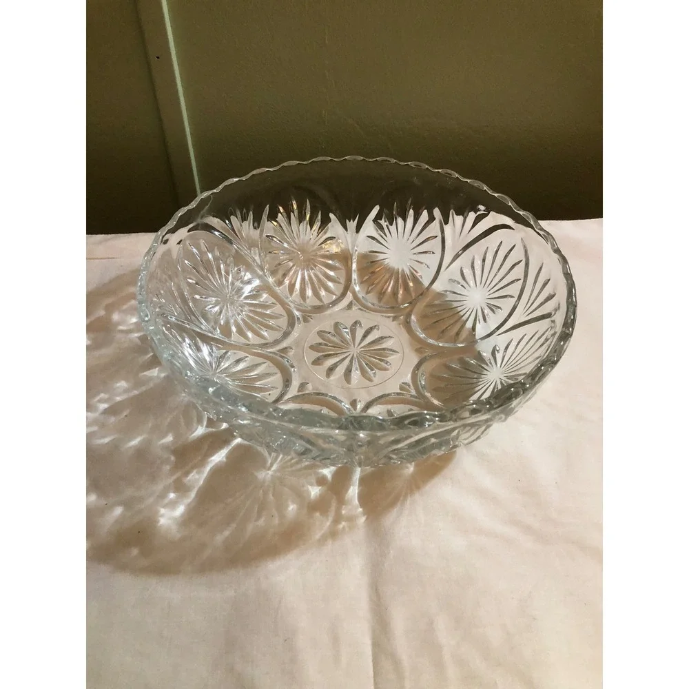 Vintage Clear Pressed Glass Serving Bowl Starburst Thumbprint Scalloped 8 Inch